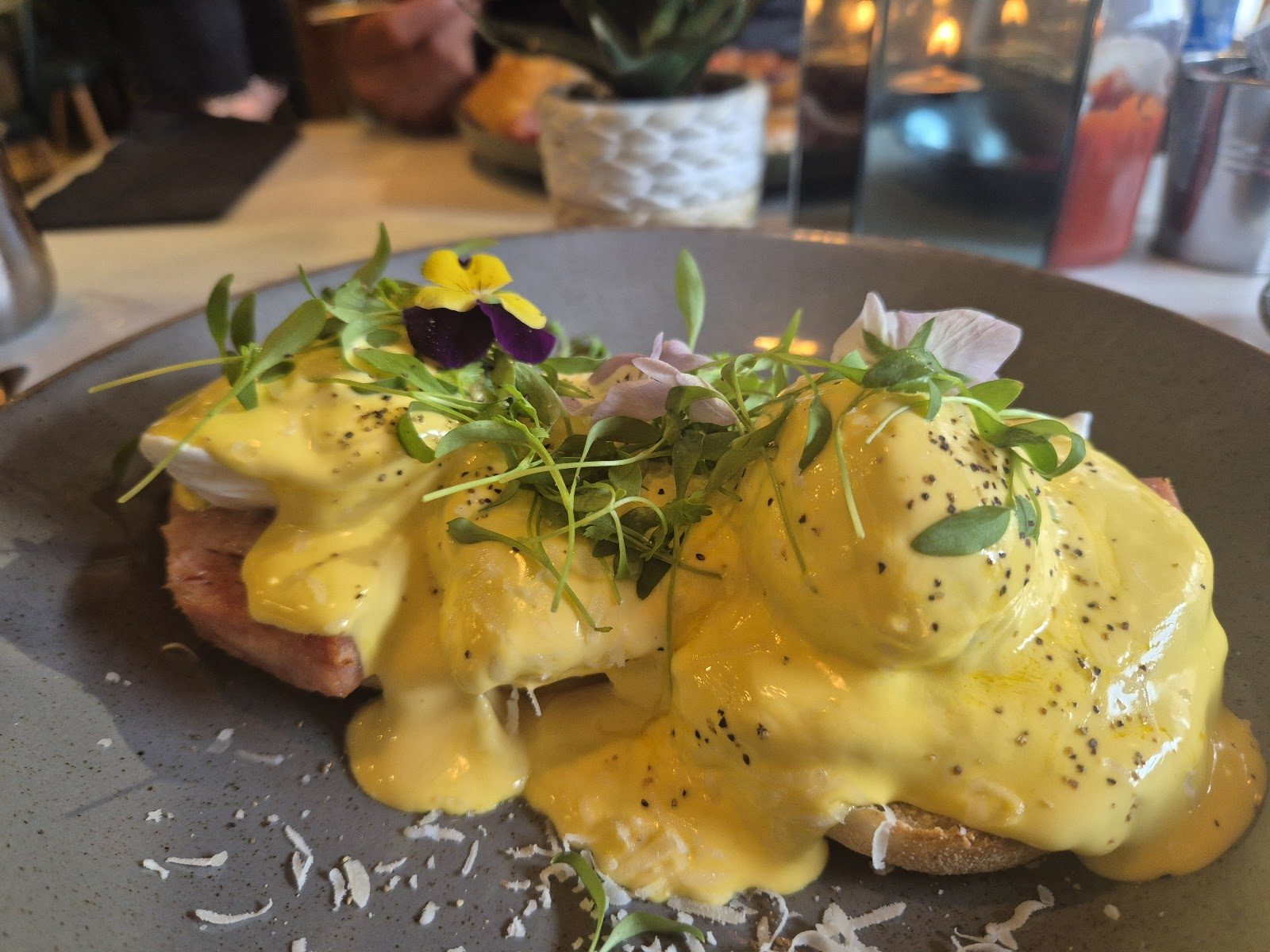 Eggs Benedict with hollandaise, micro herbs and edible flowers