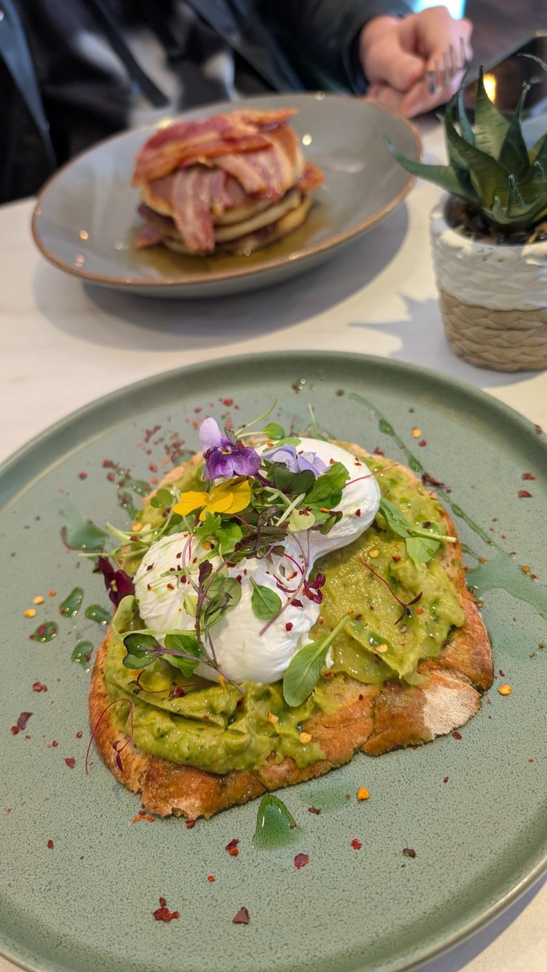 Open sourdough with smoked salmon, avocado and poached eggs