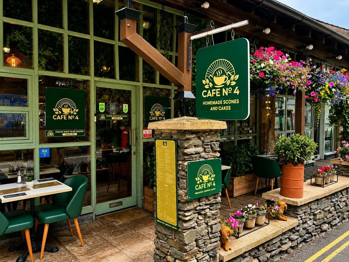 Cafe No.4 shopfront on St Martin's Parade with its green hanging sign